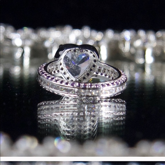 925 Princess Cut 3.8 CT Purple CZ Heart Ring - Picture 4 of 9